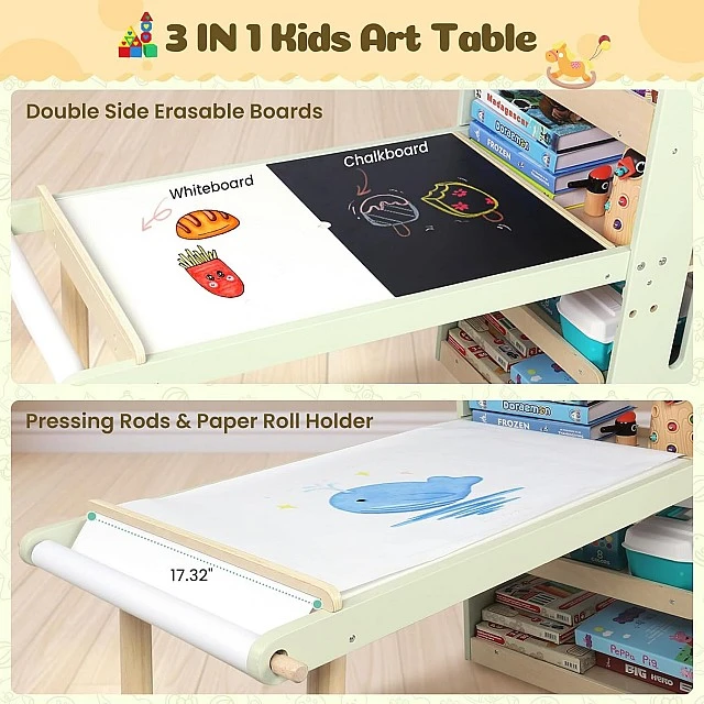 GINGER HOME Παιδικό Τραπέζι Δραστηριοτήτων 3 σε 1 με 2 Καρέκλες, Αισθητηριακό Τραπέζι Άμμου και Νερού, Λευκό και Μαύρο Πίνακα, Ράφι και Οργανωτή, 107x49x78 εκ.