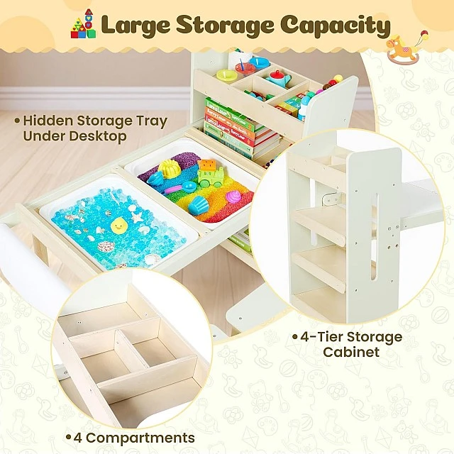 GINGER HOME Παιδικό Τραπέζι Δραστηριοτήτων 3 σε 1 με 2 Καρέκλες, Αισθητηριακό Τραπέζι Άμμου και Νερού, Λευκό και Μαύρο Πίνακα, Ράφι και Οργανωτή, 107x49x78 εκ.