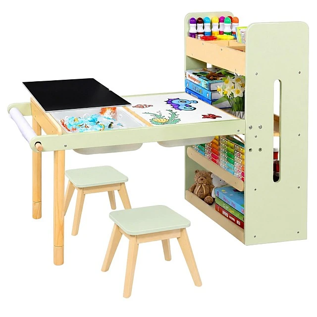 GINGER HOME Παιδικό Τραπέζι Δραστηριοτήτων 3 σε 1 με 2 Καρέκλες, Αισθητηριακό Τραπέζι Άμμου και Νερού, Λευκό και Μαύρο Πίνακα, Ράφι και Οργανωτή, 107x49x78 εκ.