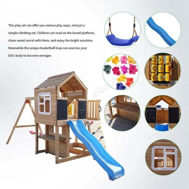 Μεγάλο Ξύλινο Παιδικό Σπιτάκι για την Αυλή GINGER HOME με Τσουλήθρα, 2 Κούνιες, Πλαίσιο Αναρρίχησης και Σκάμμα – 250×150×267 εκ.