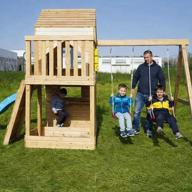 Μεγάλο Ξύλινο Παιδικό Σπιτάκι για την Αυλή GINGER HOME με Τσουλήθρα, 2 Κούνιες, Πλαίσιο Αναρρίχησης και Σκάμμα – 250×150×267 εκ.