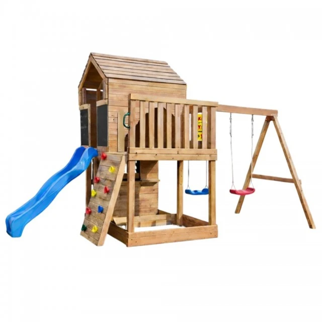 Μεγάλο Ξύλινο Παιδικό Σπιτάκι για την Αυλή GINGER HOME με Τσουλήθρα, 2 Κούνιες, Πλαίσιο Αναρρίχησης και Σκάμμα – 250×150×267 εκ.