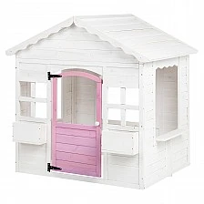 Ξύλινο Παιδικό Σπιτάκι GINGER HOME – Σπιτάκι Κήπου με Παράθυρα και Γλάστρες, Λευκό, 123×106×125 cm