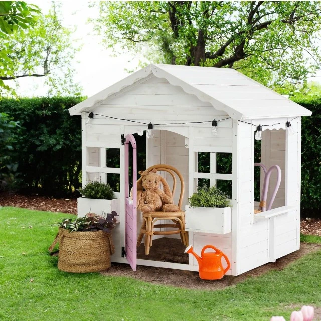 Ξύλινο Παιδικό Σπιτάκι GINGER HOME – Σπιτάκι Κήπου με Παράθυρα και Γλάστρες, Λευκό, 123×106×125 cm