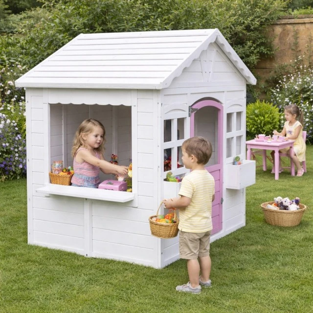 Ξύλινο Παιδικό Σπιτάκι GINGER HOME – Σπιτάκι Κήπου με Παράθυρα και Γλάστρες, Λευκό, 123×106×125 cm