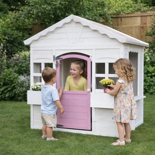 Ξύλινο Παιδικό Σπιτάκι GINGER HOME – Σπιτάκι Κήπου με Παράθυρα και Γλάστρες, Λευκό, 123×106×125 cm