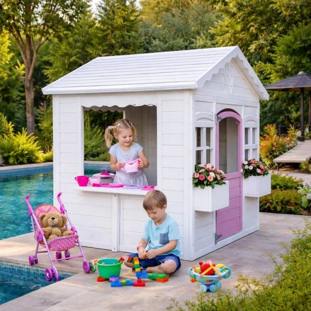 Ξύλινο Παιδικό Σπιτάκι GINGER HOME – Σπιτάκι Κήπου με Παράθυρα και Γλάστρες, Λευκό, 123×106×125 cm