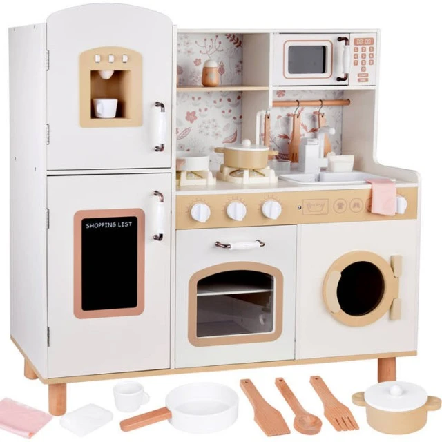 Παιδική Ξύλινη Κουζίνα GINGER HOME – Vintage Μοντέλο με Ηλεκτρονικές Εστίες, Φώτα, Ήχους και Νιπτήρα με Τρεχούμενο Νερό, 91×31×90 cm