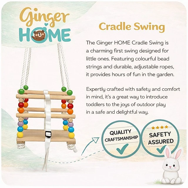 Παιδική Ξύλινη Κούνια GINGER HOME με Ζώνη και Μπουφέδες – έως 70 κιλά, 30×30 εκ.