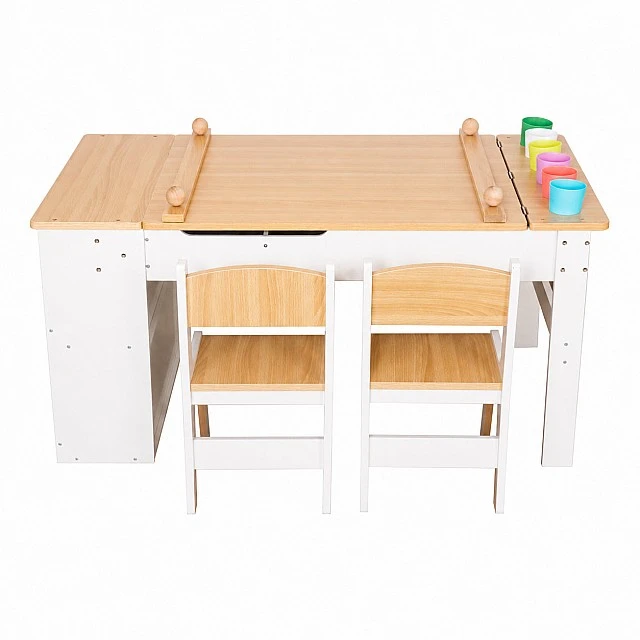 GINGER HOME Παιδικό Ξύλινο Τραπέζι 3 σε 1 με 2 Καρέκλες, Πίνακα Σχεδιασμού, Οργανωτή και Ρολό Χαρτιού, 109x60x55 εκ.