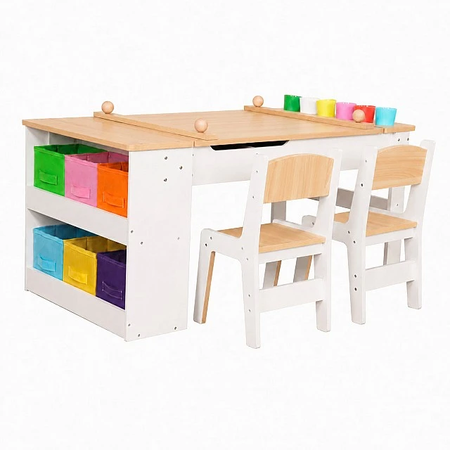 GINGER HOME Παιδικό Ξύλινο Τραπέζι 3 σε 1 με 2 Καρέκλες, Πίνακα Σχεδιασμού, Οργανωτή και Ρολό Χαρτιού, 109x60x55 εκ.