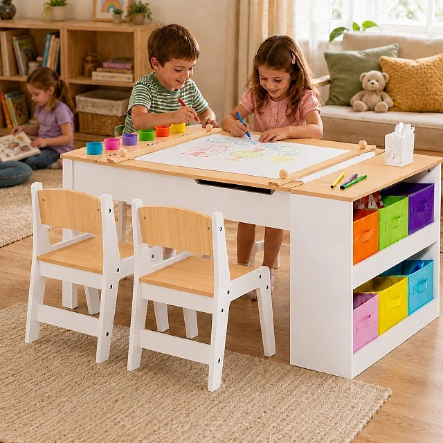 GINGER HOME Παιδικό Ξύλινο Τραπέζι 3 σε 1 με 2 Καρέκλες, Πίνακα Σχεδιασμού, Οργανωτή και Ρολό Χαρτιού, 109x60x55 εκ.