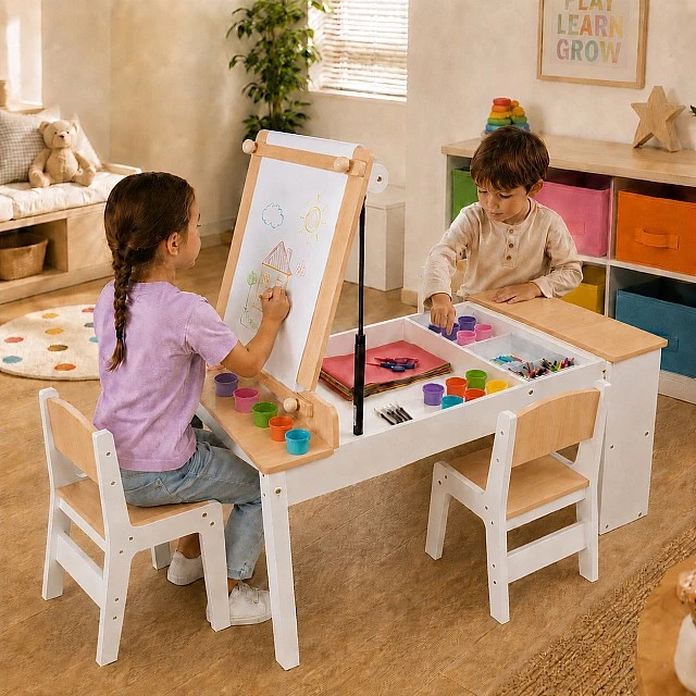 GINGER HOME Παιδικό Ξύλινο Τραπέζι 3 σε 1 με 2 Καρέκλες, Πίνακα Σχεδιασμού, Οργανωτή και Ρολό Χαρτιού, 109x60x55 εκ.