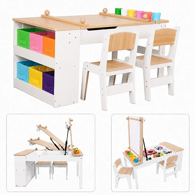 GINGER HOME Παιδικό Ξύλινο Τραπέζι 3 σε 1 με 2 Καρέκλες, Πίνακα Σχεδιασμού, Οργανωτή και Ρολό Χαρτιού, 109x60x55 εκ.