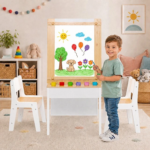 GINGER HOME Παιδικό Ξύλινο Τραπέζι 3 σε 1 με 2 Καρέκλες, Πίνακα Σχεδιασμού, Οργανωτή και Ρολό Χαρτιού, 109x60x55 εκ.