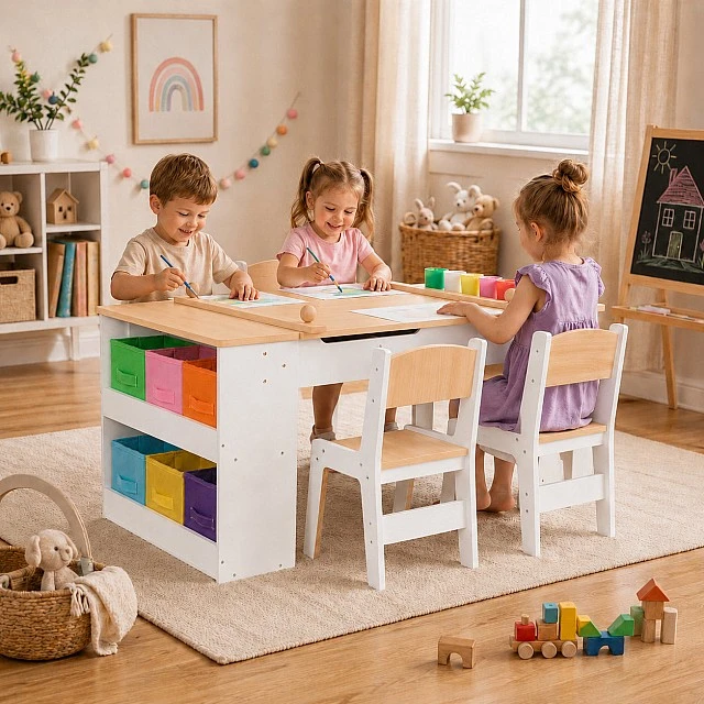 GINGER HOME Παιδικό Ξύλινο Τραπέζι 3 σε 1 με 2 Καρέκλες, Πίνακα Σχεδιασμού, Οργανωτή και Ρολό Χαρτιού, 109x60x55 εκ.