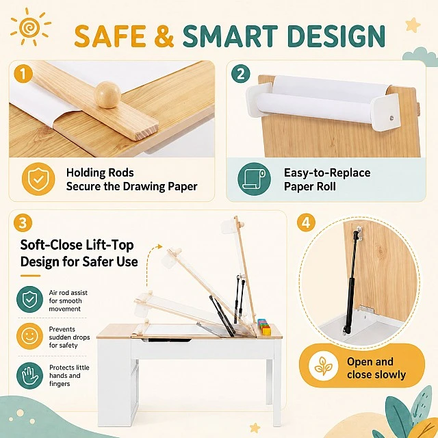 GINGER HOME Παιδικό Ξύλινο Τραπέζι 3 σε 1 με 2 Καρέκλες, Πίνακα Σχεδιασμού, Οργανωτή και Ρολό Χαρτιού, 109x60x55 εκ.
