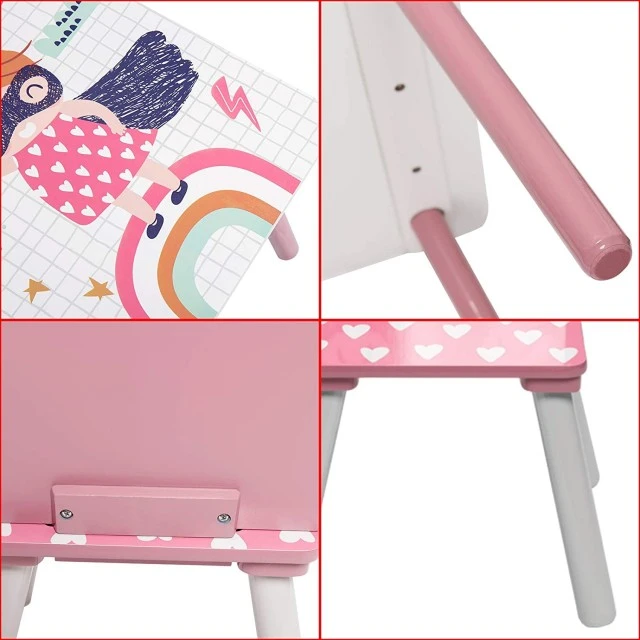 Παιδικό Τραπέζι με Καρέκλες, Ξύλινο Σετ - για μελέτη, παιχνίδι, φαγητό, έπιπλα παιδικού δωματίου, λευκό και ροζ - SUPER GIRL