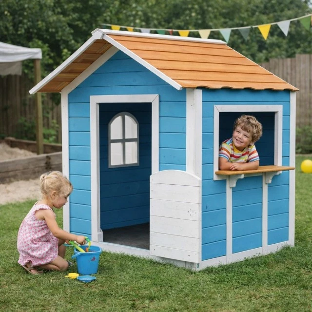 Ξύλινο Παιδικό Σπιτάκι GINGER HOME – Για Παιχνίδια Ρόλων, Αυλή και Κήπο, Μπλε, 118×138×132,5 cm