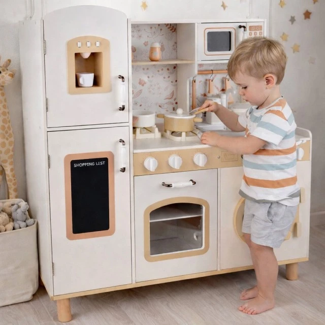 Παιδική Ξύλινη Κουζίνα GINGER HOME – Vintage Μοντέλο με Ηλεκτρονικές Εστίες, Φώτα, Ήχους και Νιπτήρα με Τρεχούμενο Νερό, 91×31×90 cm