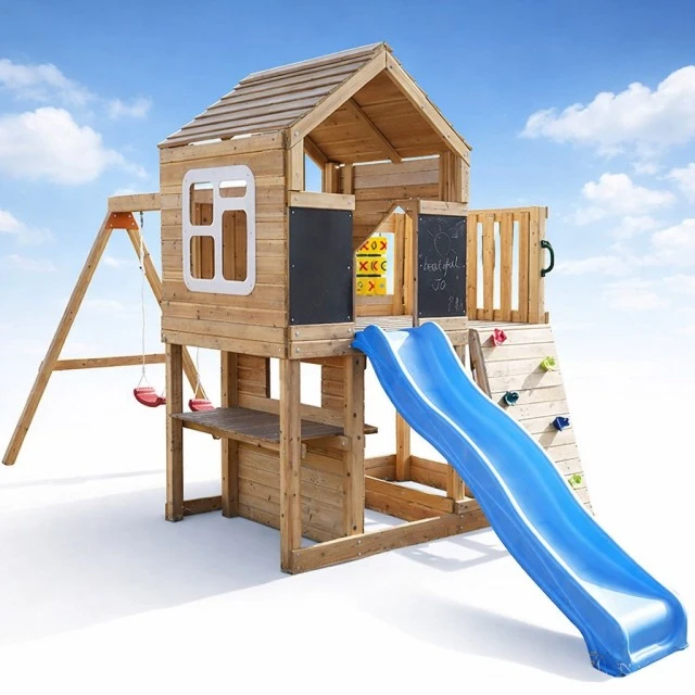 Μεγάλο Ξύλινο Παιδικό Σπιτάκι για την Αυλή GINGER HOME με Τσουλήθρα, 2 Κούνιες, Πλαίσιο Αναρρίχησης και Σκάμμα – 250×150×267 εκ.