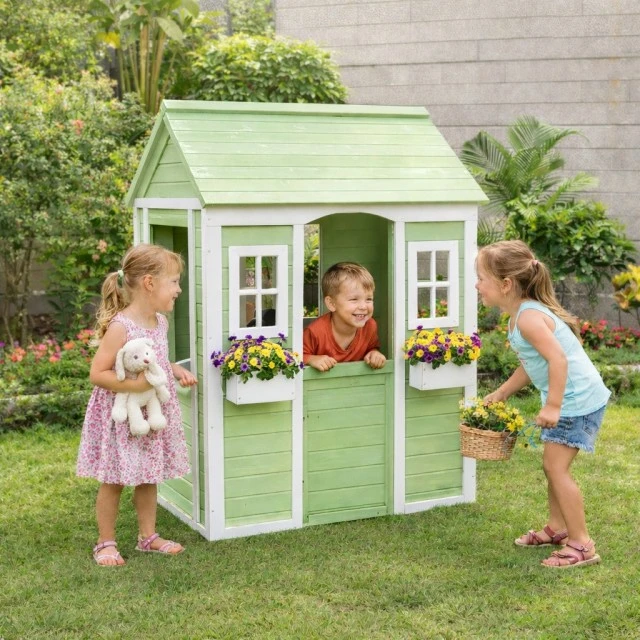 Ξύλινο Παιδικό Σπιτάκι Εξωτερικού Χώρου GINGER HOME – Σπιτάκι Κήπου για Παιδιά, Πράσινο και Λευκό, 107×90×144 cm