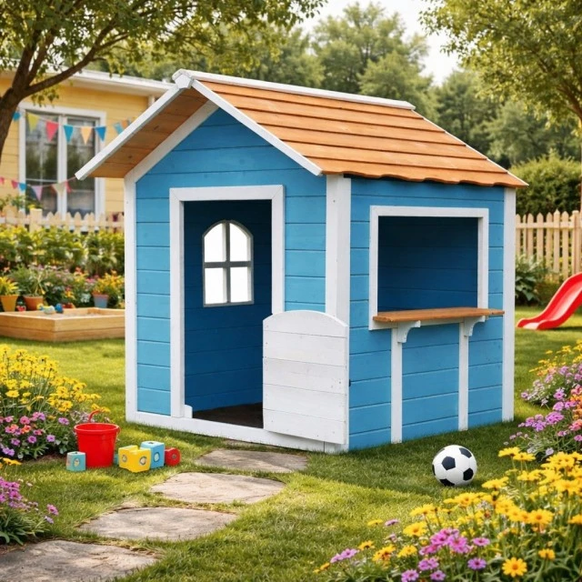Ξύλινο Παιδικό Σπιτάκι GINGER HOME – Για Παιχνίδια Ρόλων, Αυλή και Κήπο, Μπλε, 118×138×132,5 cm