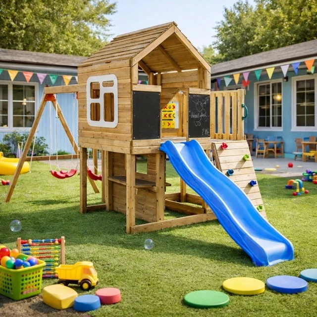 Μεγάλο Ξύλινο Παιδικό Σπιτάκι για την Αυλή GINGER HOME με Τσουλήθρα, 2 Κούνιες, Πλαίσιο Αναρρίχησης και Σκάμμα – 250×150×267 εκ.