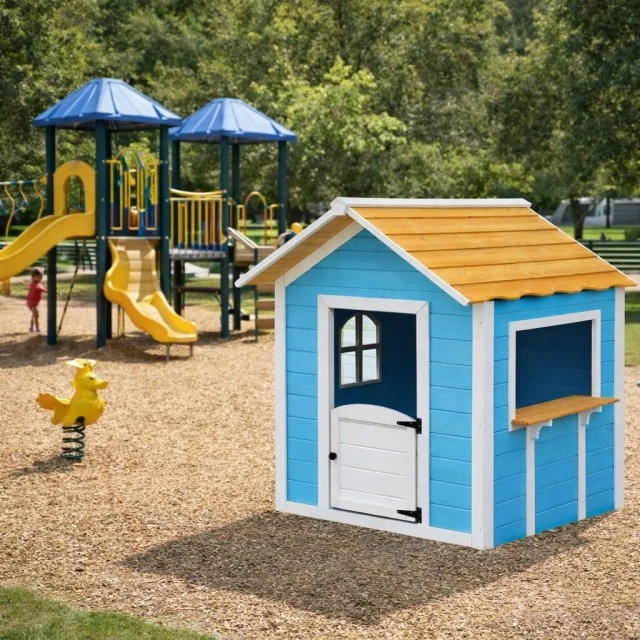 Ξύλινο Παιδικό Σπιτάκι GINGER HOME – Για Παιχνίδια Ρόλων, Αυλή και Κήπο, Μπλε, 118×138×132,5 cm