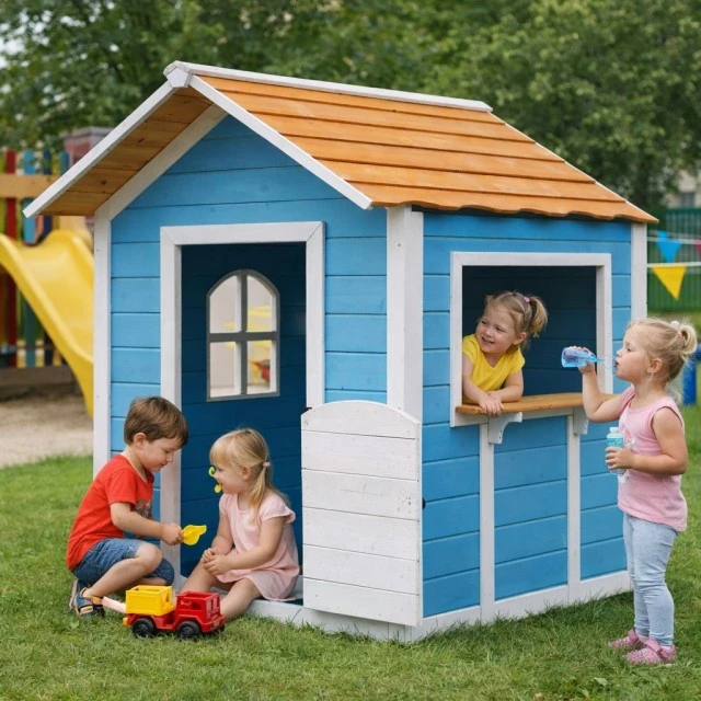 Ξύλινο Παιδικό Σπιτάκι GINGER HOME – Για Παιχνίδια Ρόλων, Αυλή και Κήπο, Μπλε, 118×138×132,5 cm