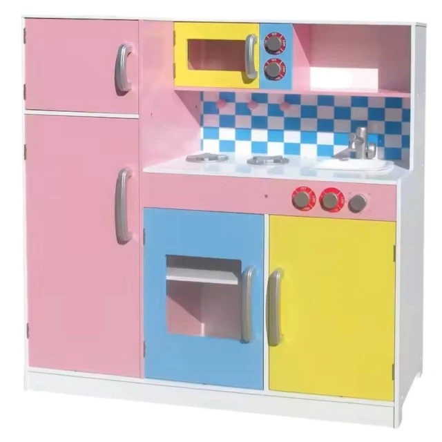 Παιδική κουζίνα GINGER HOME, Ξύλινο παιχνίδι για παιχνίδια ρόλων με πολύχρωμο σχέδιο, Διαστάσεις 90x30x90 cm