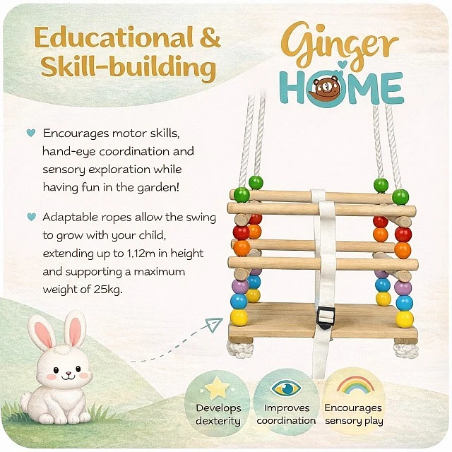 Παιδική Ξύλινη Κούνια GINGER HOME με Ζώνη και Μπουφέδες – έως 70 κιλά, 30×30 εκ.