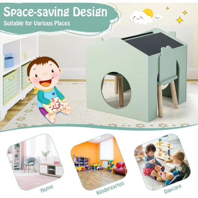 Παιδικό τραπέζι GINGER HOME με 2 καρεκλάκια - πολυλειτουργικό σπιτάκι με μαυροπίνακα, επιφάνεια για ζωγραφική και διάβασμα