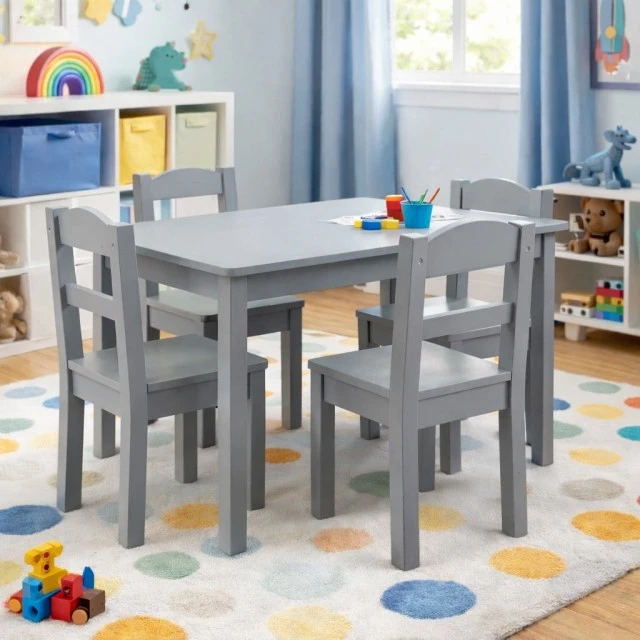 Παιδικό Τραπέζι με 4 Καρέκλες GINGER HOME – Ξύλινο Παιδικό Τραπέζι για Παιχνίδι και Μάθηση, Γκρι Σετ 66×56×48 cm