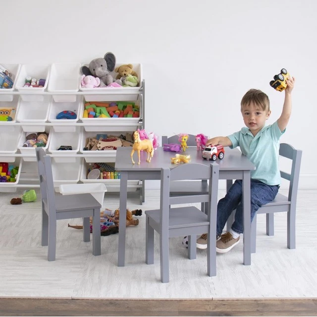 Παιδικό Τραπέζι με 4 Καρέκλες GINGER HOME – Ξύλινο Παιδικό Τραπέζι για Παιχνίδι και Μάθηση, Γκρι Σετ 66×56×48 cm