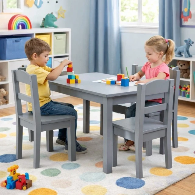 Παιδικό Τραπέζι με 4 Καρέκλες GINGER HOME – Ξύλινο Παιδικό Τραπέζι για Παιχνίδι και Μάθηση, Γκρι Σετ 66×56×48 cm
