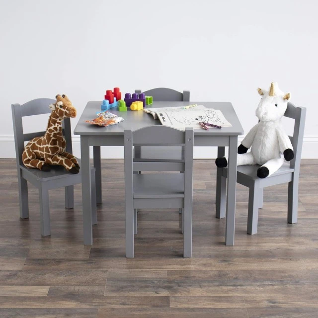 Παιδικό Τραπέζι με 4 Καρέκλες GINGER HOME – Ξύλινο Παιδικό Τραπέζι για Παιχνίδι και Μάθηση, Γκρι Σετ 66×56×48 cm