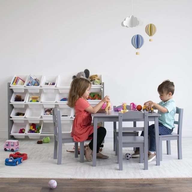 Παιδικό Τραπέζι με 4 Καρέκλες GINGER HOME – Ξύλινο Παιδικό Τραπέζι για Παιχνίδι και Μάθηση, Γκρι Σετ 66×56×48 cm