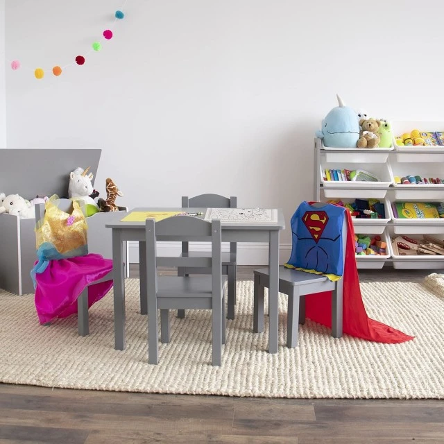 Παιδικό Τραπέζι με 4 Καρέκλες GINGER HOME – Ξύλινο Παιδικό Τραπέζι για Παιχνίδι και Μάθηση, Γκρι Σετ 66×56×48 cm