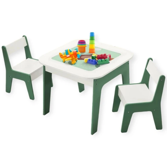 Παιδικό τραπεζάκι με καρεκλάκια 4 σε 1 GINGER HOME, 2 επιφάνειες, πίνακας και επιφάνεια για τουβλάκια LEGO, Forest