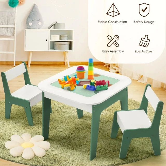 Παιδικό τραπεζάκι με καρεκλάκια 4 σε 1 GINGER HOME, 2 επιφάνειες, πίνακας και επιφάνεια για τουβλάκια LEGO, Forest