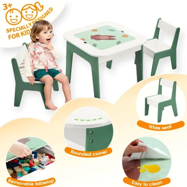 Παιδικό τραπεζάκι με καρεκλάκια 4 σε 1 GINGER HOME, 2 επιφάνειες, πίνακας και επιφάνεια για τουβλάκια LEGO, Forest