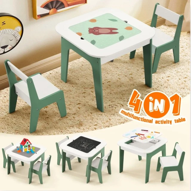 Παιδικό τραπεζάκι με καρεκλάκια 4 σε 1 GINGER HOME, 2 επιφάνειες, πίνακας και επιφάνεια για τουβλάκια LEGO, Forest