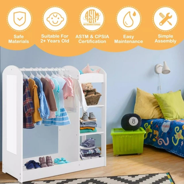 Παιδική κρεμάστρα ρούχων με καθρέφτη GINGER HOME - Παιδική Ανοιχτή Ντουλάπα με Ράφια και Κρεμάστρες, Λευκό, 94x38x100 cm