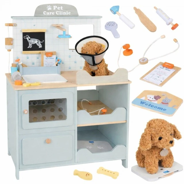 Παιχνίδι Κτηνιατρικής Κλινικής για Παιδιά GINGER HOME – Ξύλινο Κτηνιατρικό Κέντρο με Αξεσουάρ και Λούτρινο Σκυλάκι, 89×57×30 cm
