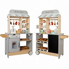 Παιδικό Ξύλινο Κατάστημα GINGER HOME 2 σε 1, Κουζίνα, Βάση, Ράφια, Μαυροπίνακας και Αξεσουάρ, 60/73x29.5x105 εκ.