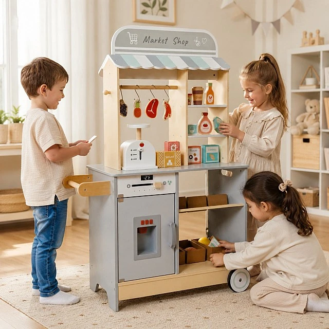Παιδικό Ξύλινο Κατάστημα GINGER HOME 2 σε 1, Κουζίνα, Βάση, Ράφια, Μαυροπίνακας και Αξεσουάρ, 60/73x29.5x105 εκ.
