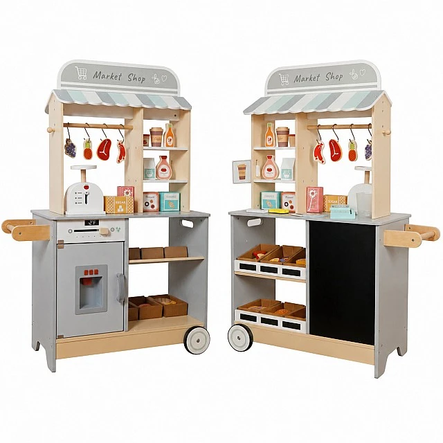 Παιδικό Ξύλινο Κατάστημα GINGER HOME 2 σε 1, Κουζίνα, Βάση, Ράφια, Μαυροπίνακας και Αξεσουάρ, 60/73x29.5x105 εκ.