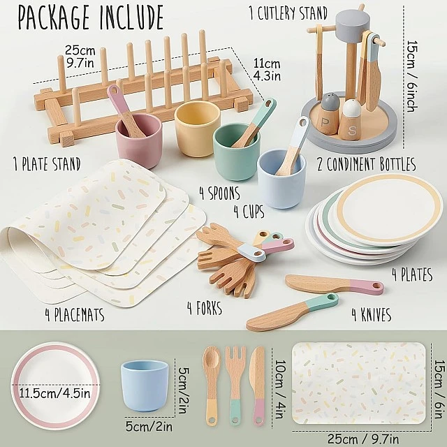 Παιδικό Ξύλινο Σετ Τραπεζαρίας 33 Τεμαχίων GINGER HOME – Σετ Παιχνιδιού Ρόλων με Πιάτα, Ποτήρια, Μαχαιροπήρουνα και Βάσεις