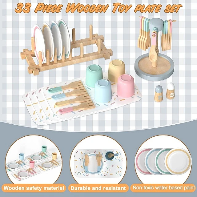 Παιδικό Ξύλινο Σετ Τραπεζαρίας 33 Τεμαχίων GINGER HOME – Σετ Παιχνιδιού Ρόλων με Πιάτα, Ποτήρια, Μαχαιροπήρουνα και Βάσεις